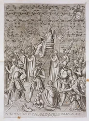 Påven Sixtus V (1521-90) bärs till ceremonin för invigningen av obelisken framför basilikan San Giovanni Laterano, Rom 1588, 1600 (se även 193204)